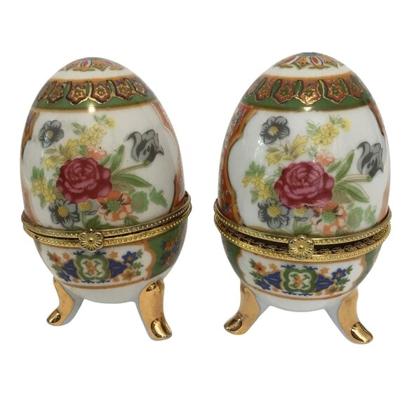 VTG Porcelain Egg Trinket Boxes Pair Floral Gilt Hinged Gold Tripod Stand 4" - Picture 1 of 10